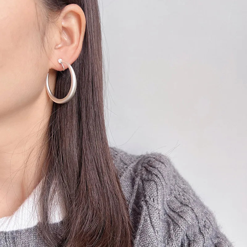 Matte Silver Alloy Open Hoop With Spiral Disc, Minimalist Stud & Clip On No Piercing Earrings