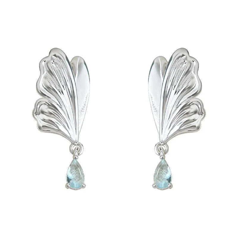 Elegant Copper Aquamarine Zircon Butterfly Teardrop Drop Earrings With Silver Plated Posts