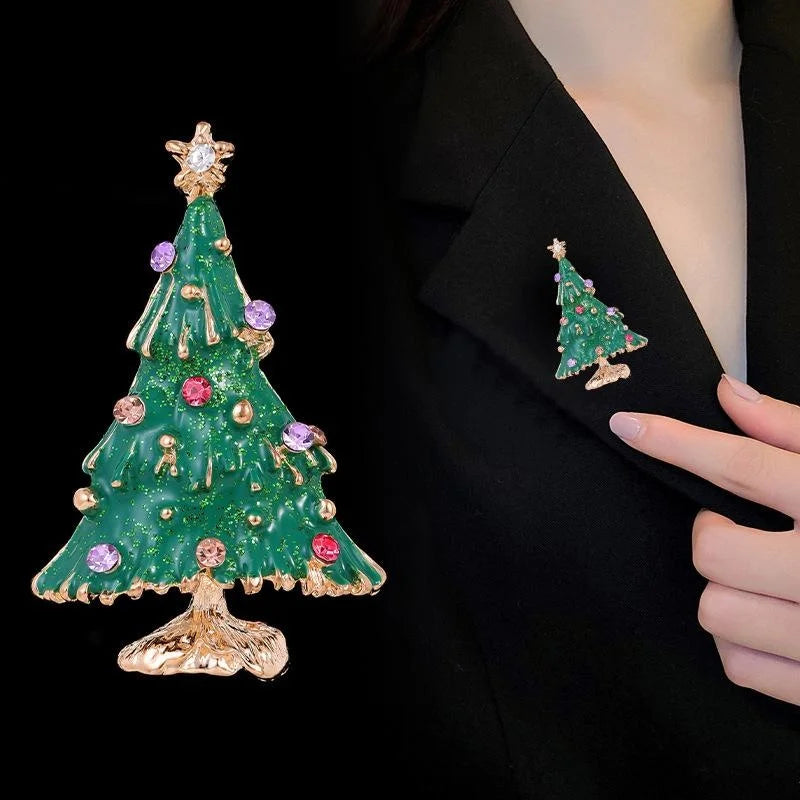 Elegant Green Enamel Christmas Tree Brooch With Rhinestone Star, Alloy Holiday Lapel Pin Gift