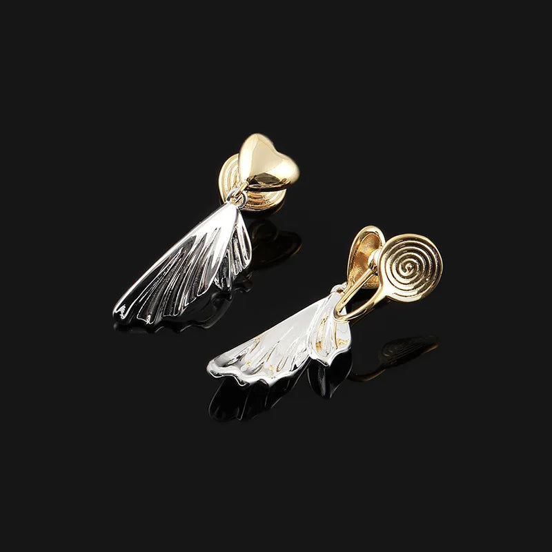 Elegant Gold Silver Two Tone Alloy Heart Fishtail Dangle Stud & Clip On No Piercing Earrings