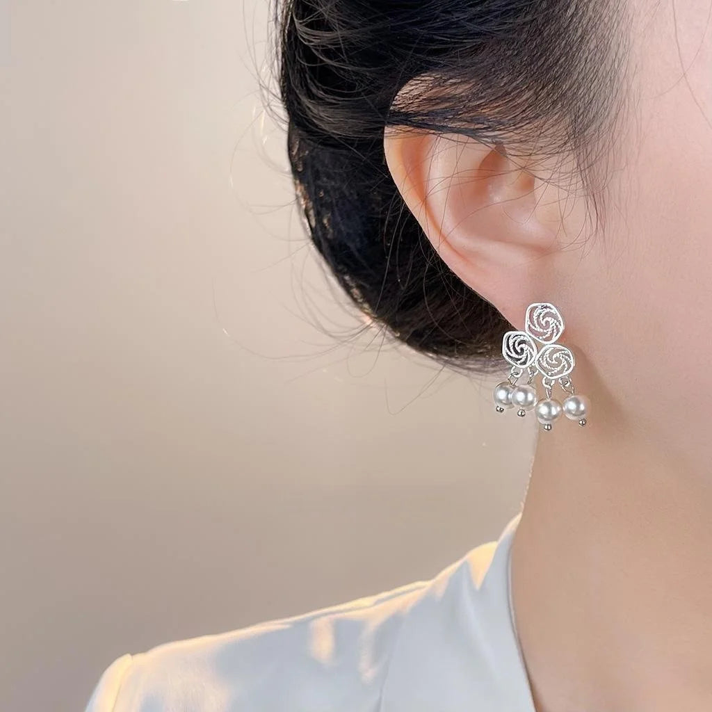 Auspicious Cloud Geometric Hollow Copper Glass Pearl Drop Earrings