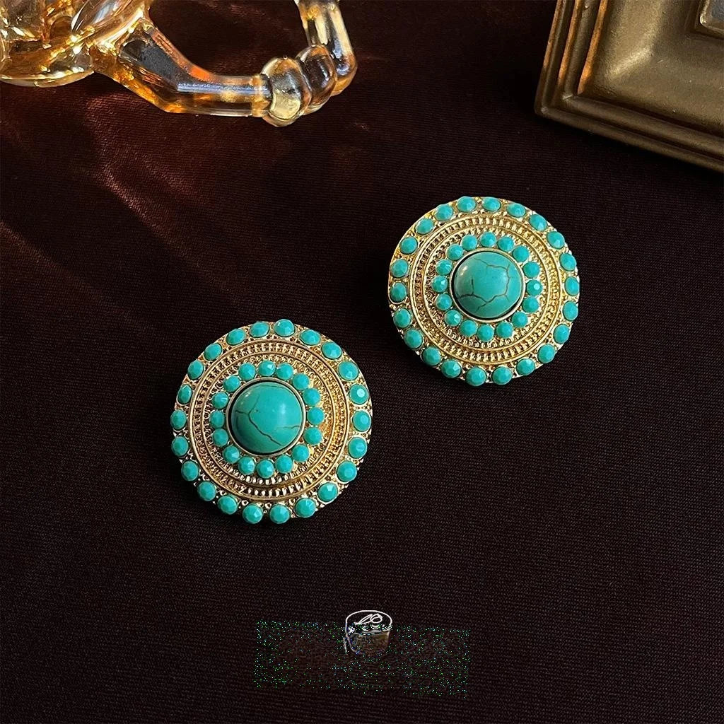 Vintage Ethnic Copper Synthetic Turquoise Geometric Round Stud Earrings