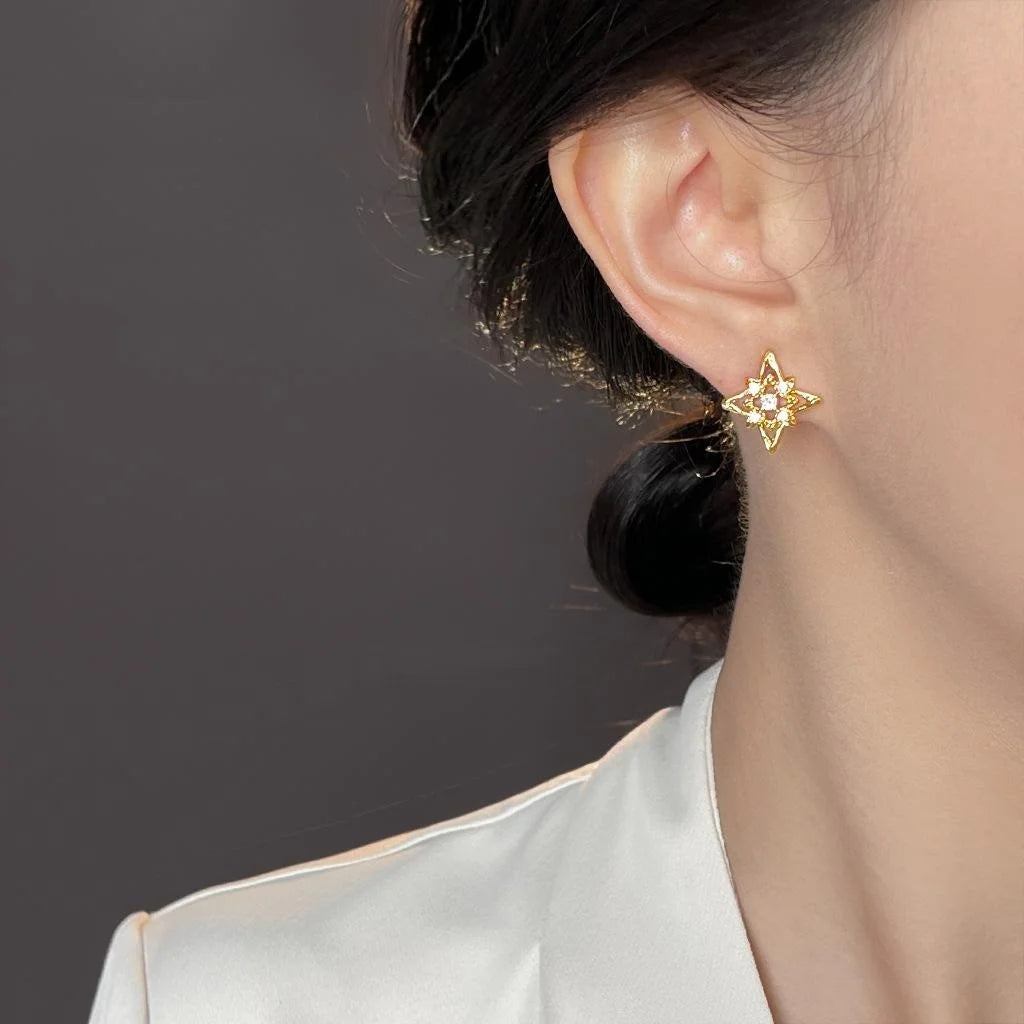 Designer 14K Plated Copper Star Stud Earrings Micro Pave Zircon Old Money Style