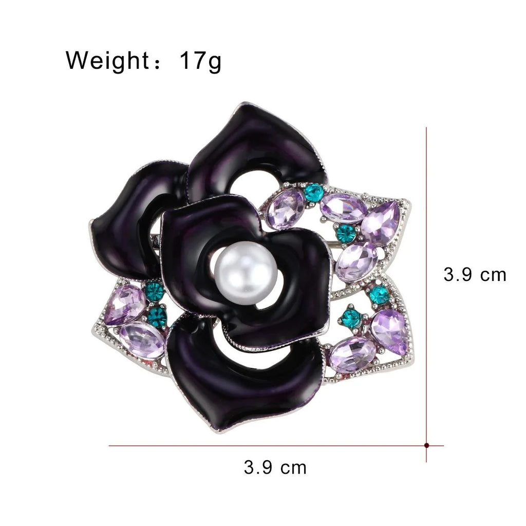 Elegant Purple Enamel Camellia Flower Brooch With Faux Pearl And Rhinestone, Women's Lapel Pin Gift