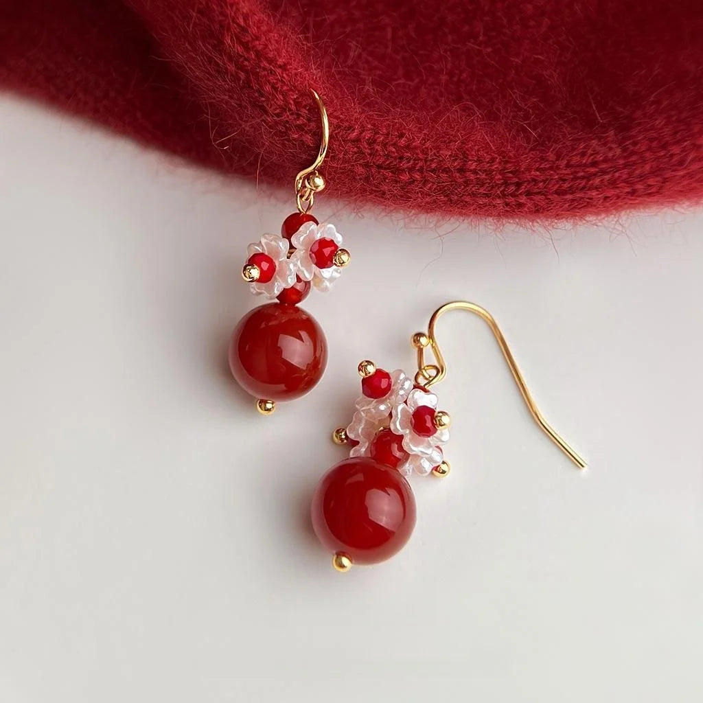 Handmade Red Agate Glass Crystal Resin Floral Geometric New Chinese Palace Style Drop Earrings