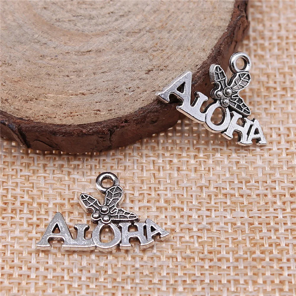 21x14mm 1g Antique Silver Zinc Alloy ALOHA Word Tag Letter Charm Pendant for Bracelet Necklace DIY