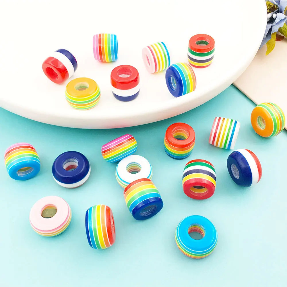 Acrylic Striped Barrel Large Hole Spacer Round Ball Beads 8x14mm for DIY Rainbow Bracelet