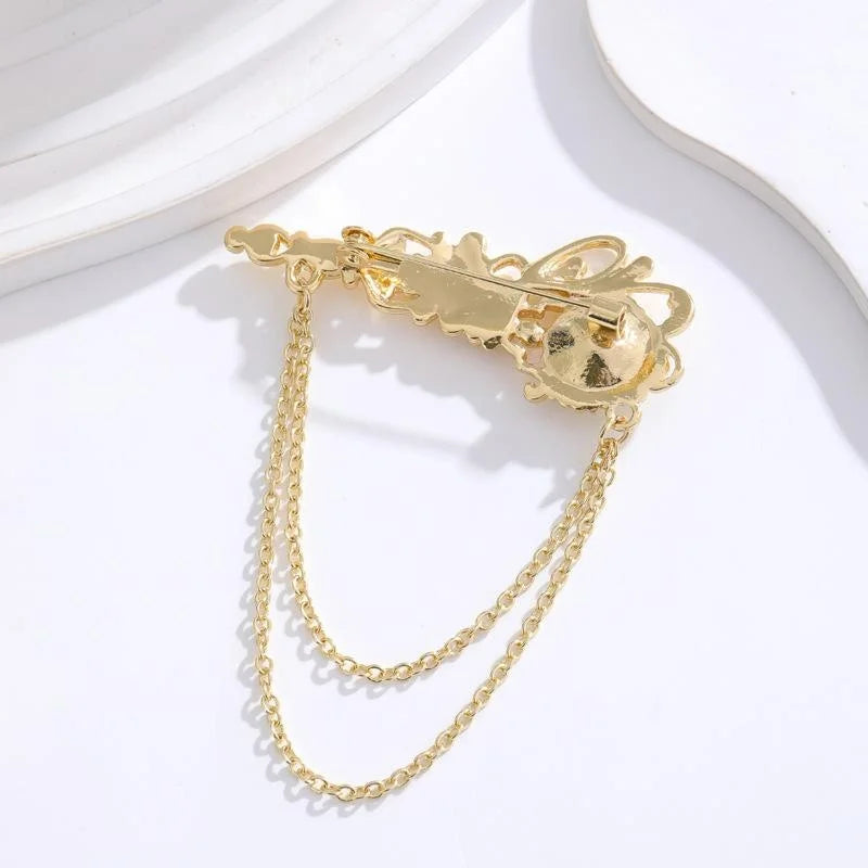 Vintage Alloy Safety Pin Brooch With Red Rhinestone And Chain Tassel, Elegant Lapel Pin Suit Accessory