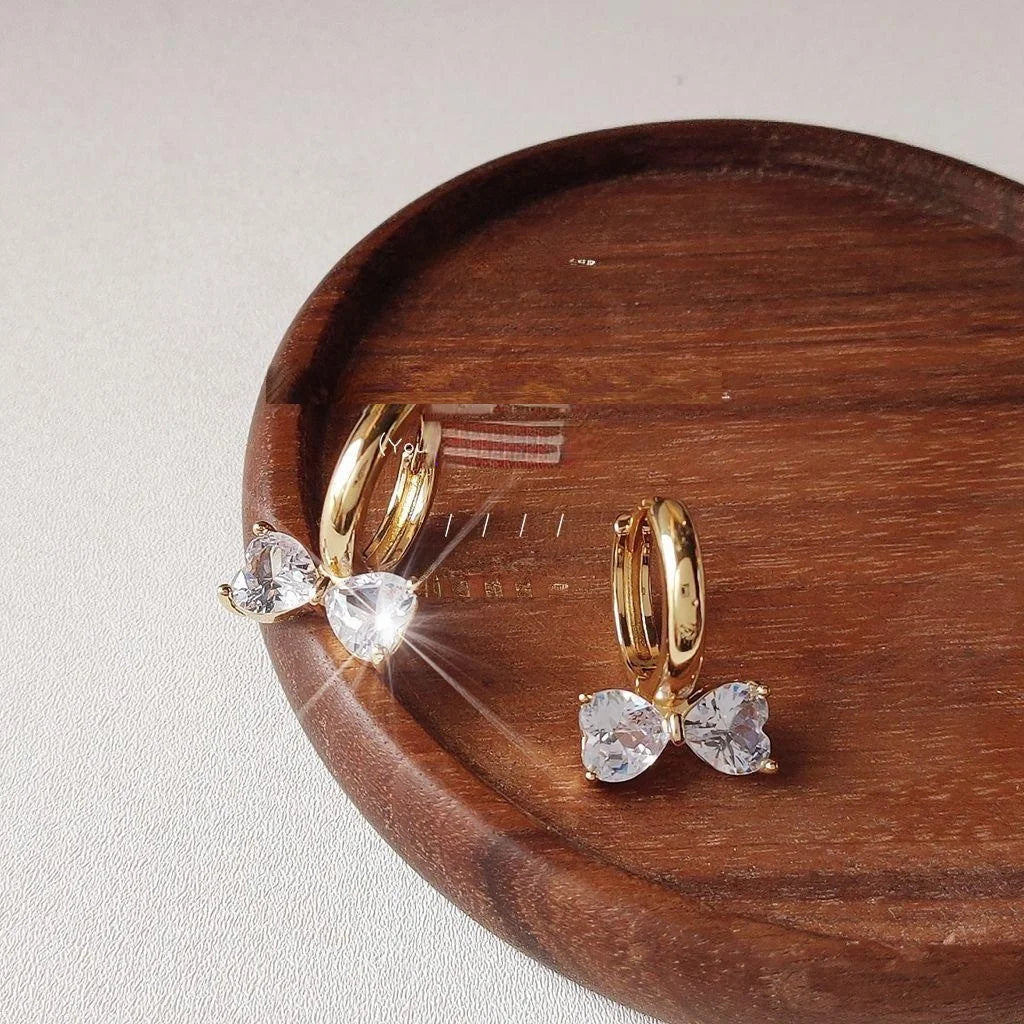 French Elegant 14K Gold Plated Copper Zircon Bow Drop Earrings For Women