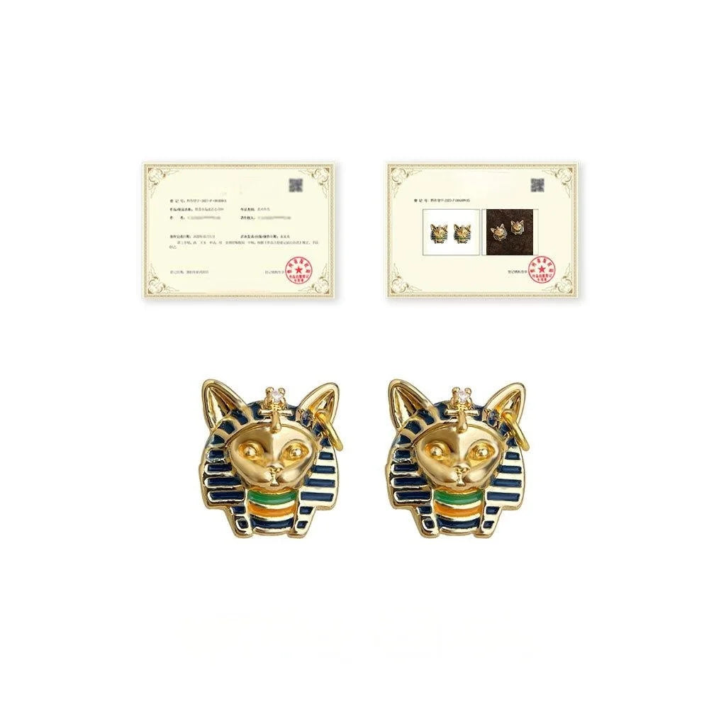 Vintage Egyptian Cat Head Pharaoh Stud Earrings 14K Plated Copper Enamel Irregular