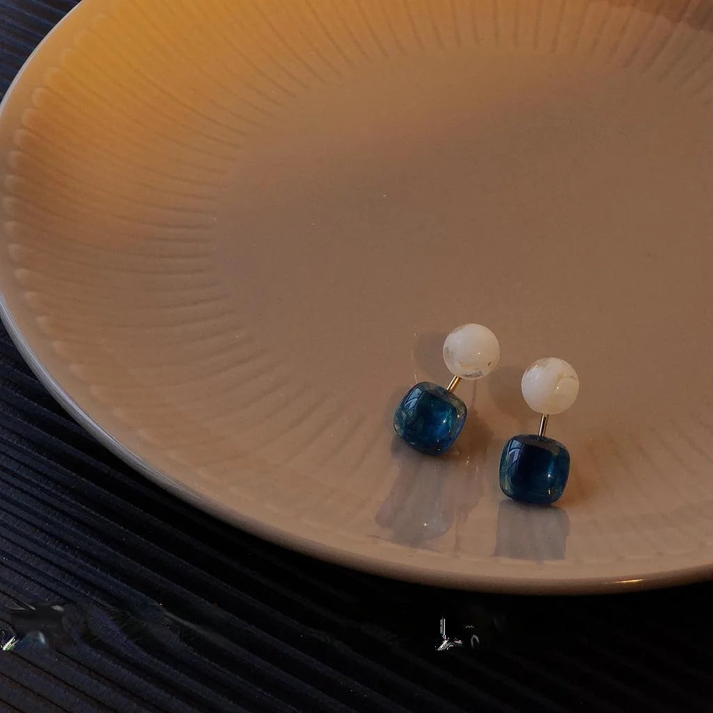 Semi Transparent Blue Geometric Square Copper 14K Plated Stud Earrings Korean Chic Jewelry