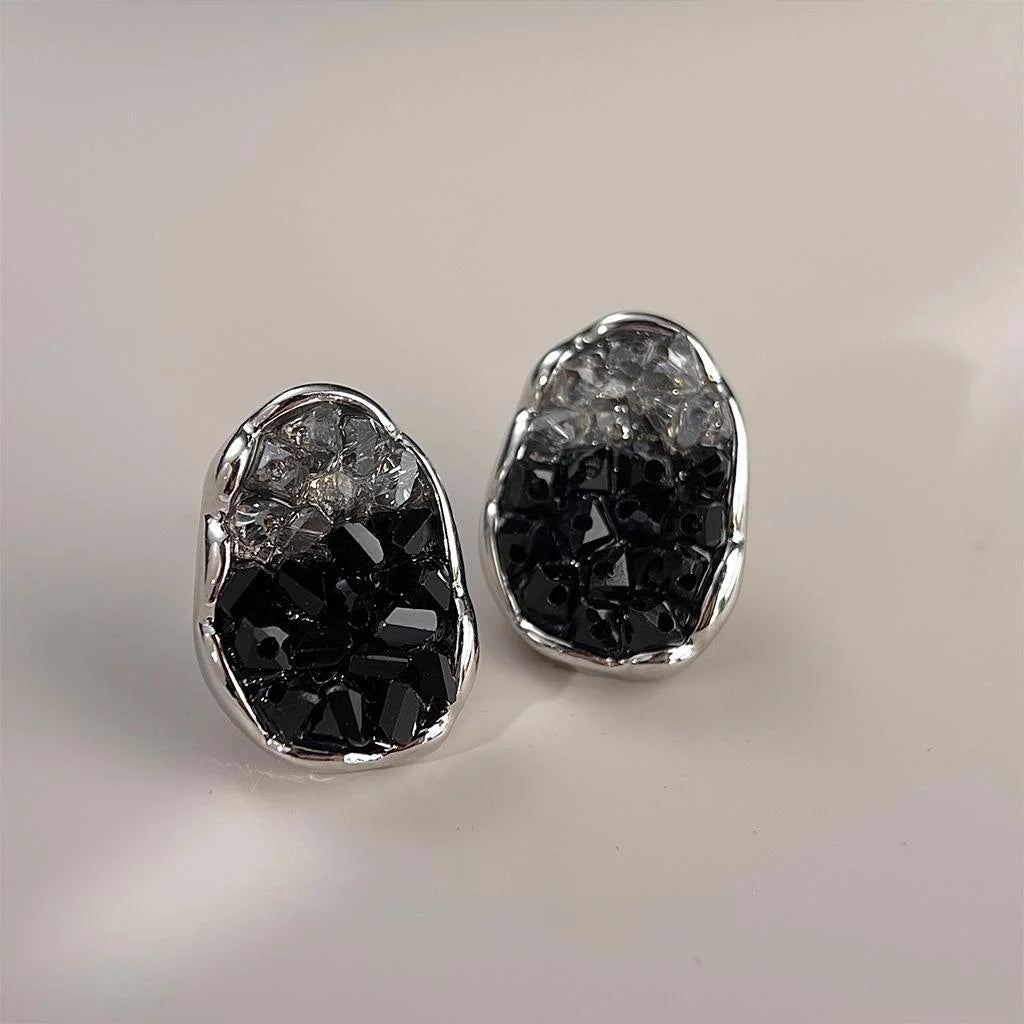 Black Glass Crystal Irregular Geometric Stud Earrings Elegant Handmade Jewelry