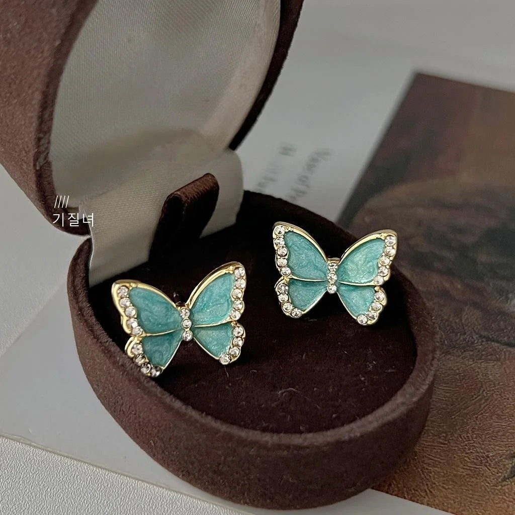 14K Gold Plated Butterfly Stud Earrings Sweet Enamel Rhinestone Jewelry