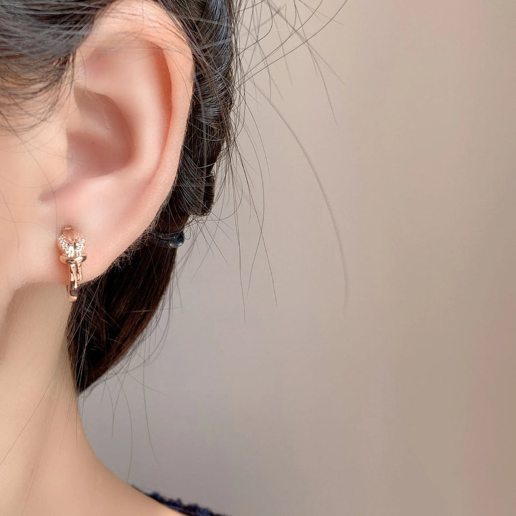 Elegant Rose Gold Alloy Knotted Small Hoop Stud & Clip On No Piercing Silicone Pad Rhinestone Earrings