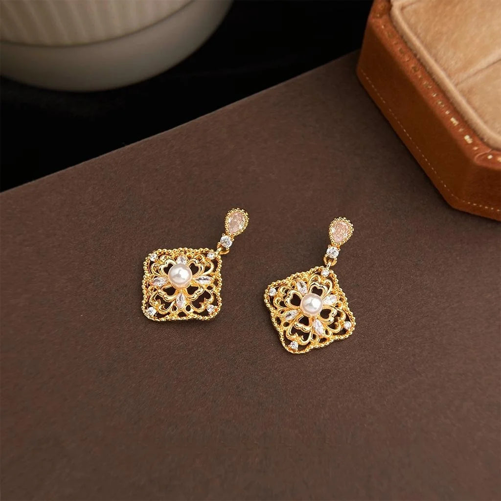 Light Luxury Eco-Friendly Copper Zircon Floral Geometric Square Drop Earrings With Silver Plated Pins