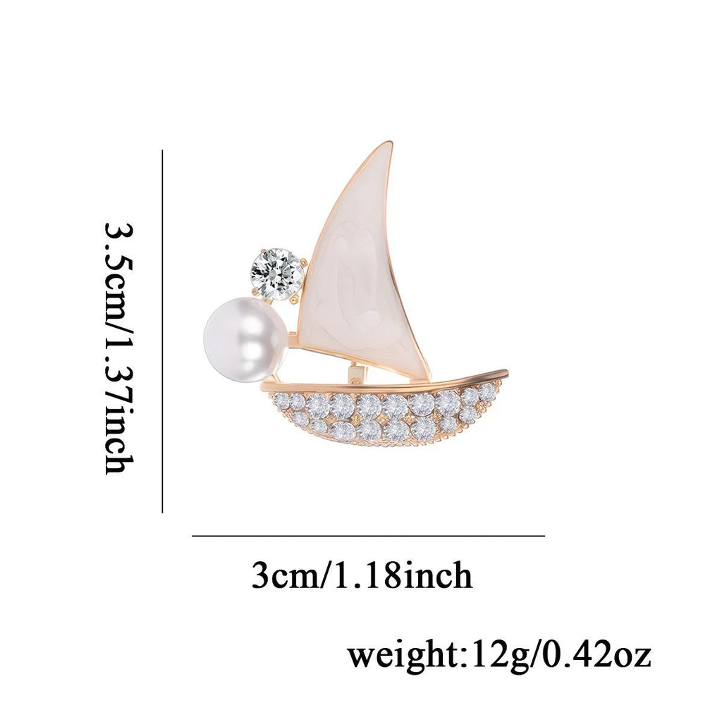 Elegant Nautical Enamel Sailboat Brooch With Rhinestones And Pearl, Alloy Lapel Pin Suit Accessory Gift
