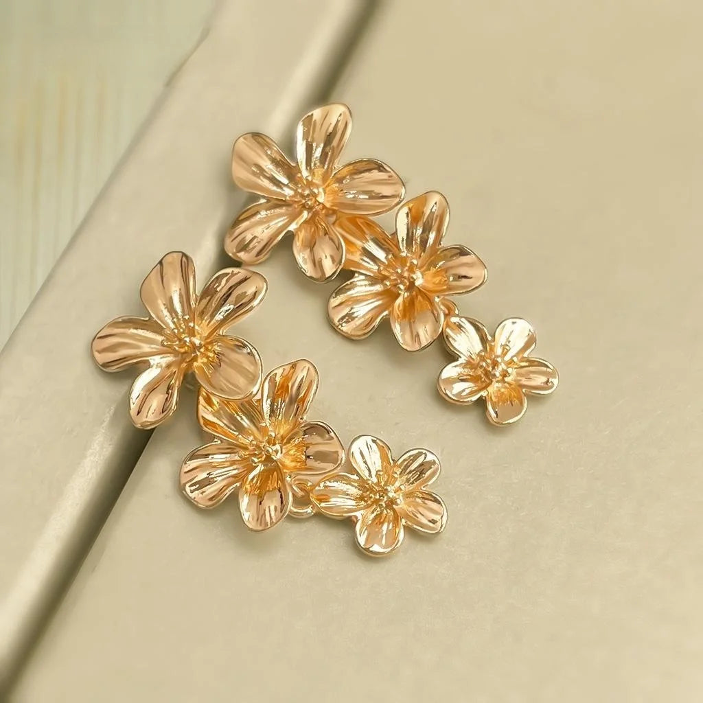 Vintage Style Copper Flower Petal Long Drop Earrings Statement Fashion Jewelry