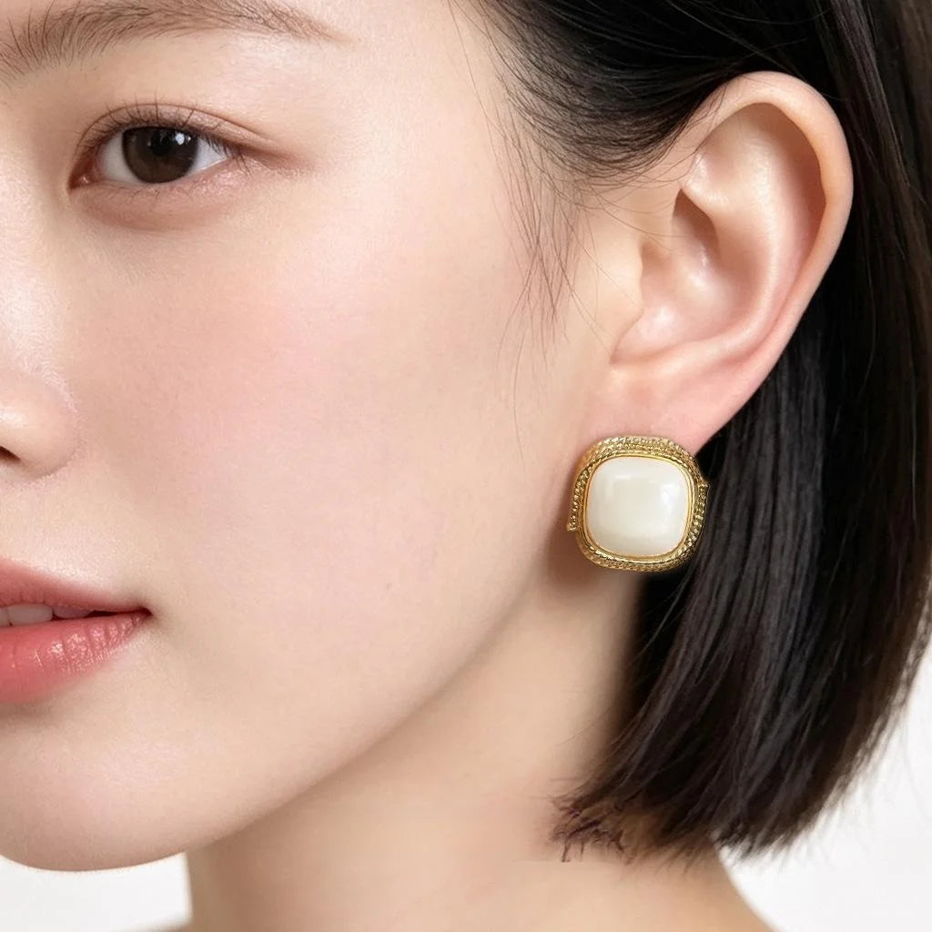 French Vintage Square Pearl Stud Earrings Eco-Friendly Copper Geometric Twist Light Luxury Jewelry