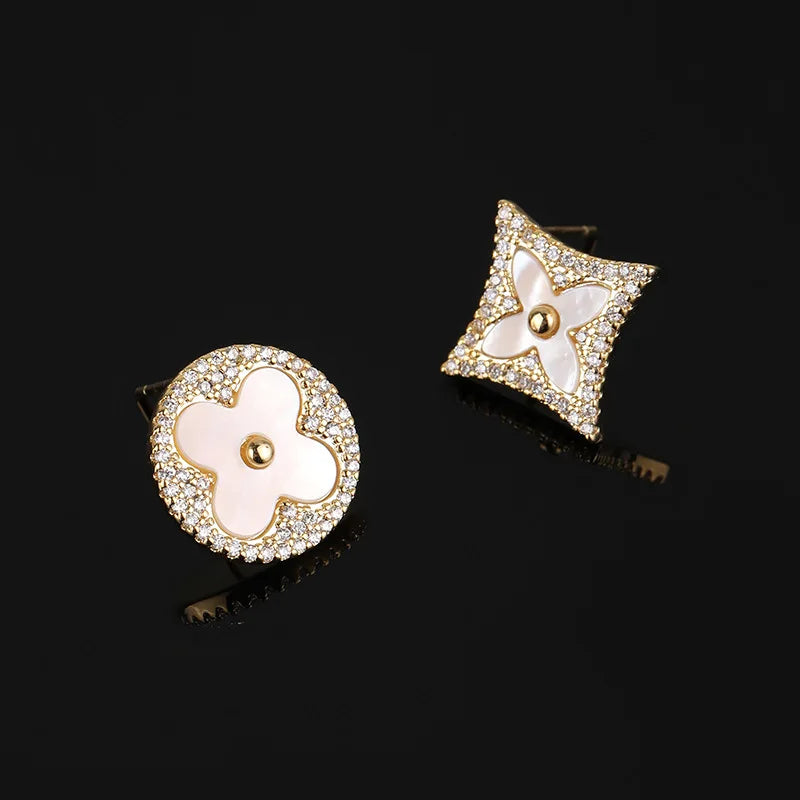 Luxury Asymmetric Mother Of Pearl Clover Round Diamond Shape Rhinestone Stud & Clip On No Piercing Earrings