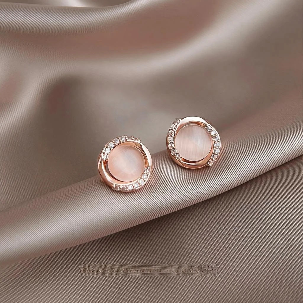 Rose Gold Plated Copper Round Glass Cat Eye Stone Zircon Micro Pave Minimalist Stud Earrings