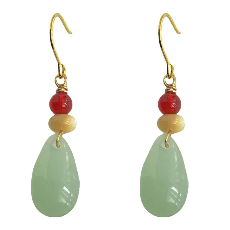 Handmade New Chinese Style Teardrop Glass Red Agate Shell Drop Earrings For Women