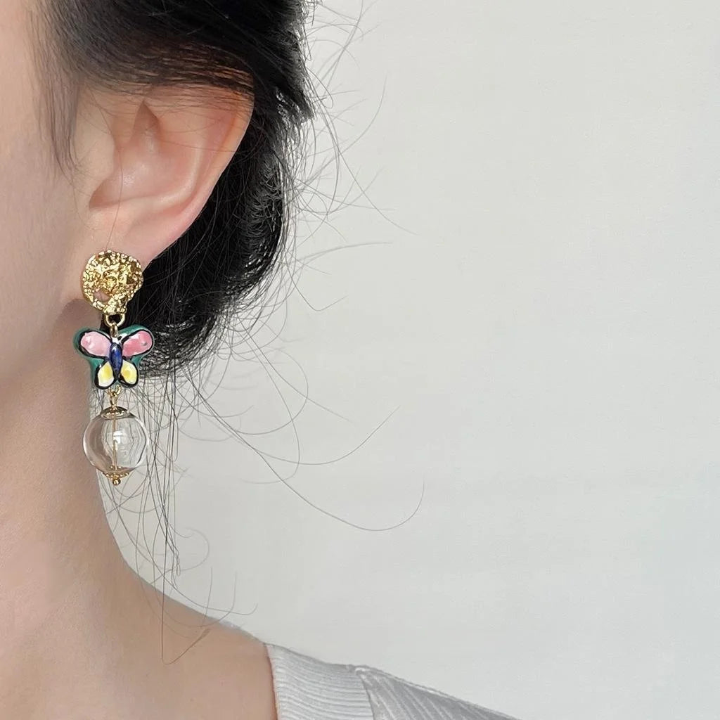Original Designer Asymmetric Glass Bubble Ball Ceramic Butterfly Copper Drop Earrings
