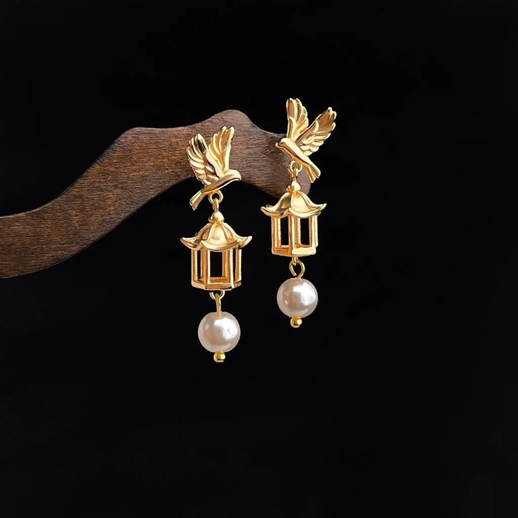 Original Bird Cage Drop Earrings Copper Glass Pearl Court Style Designer Jewelry