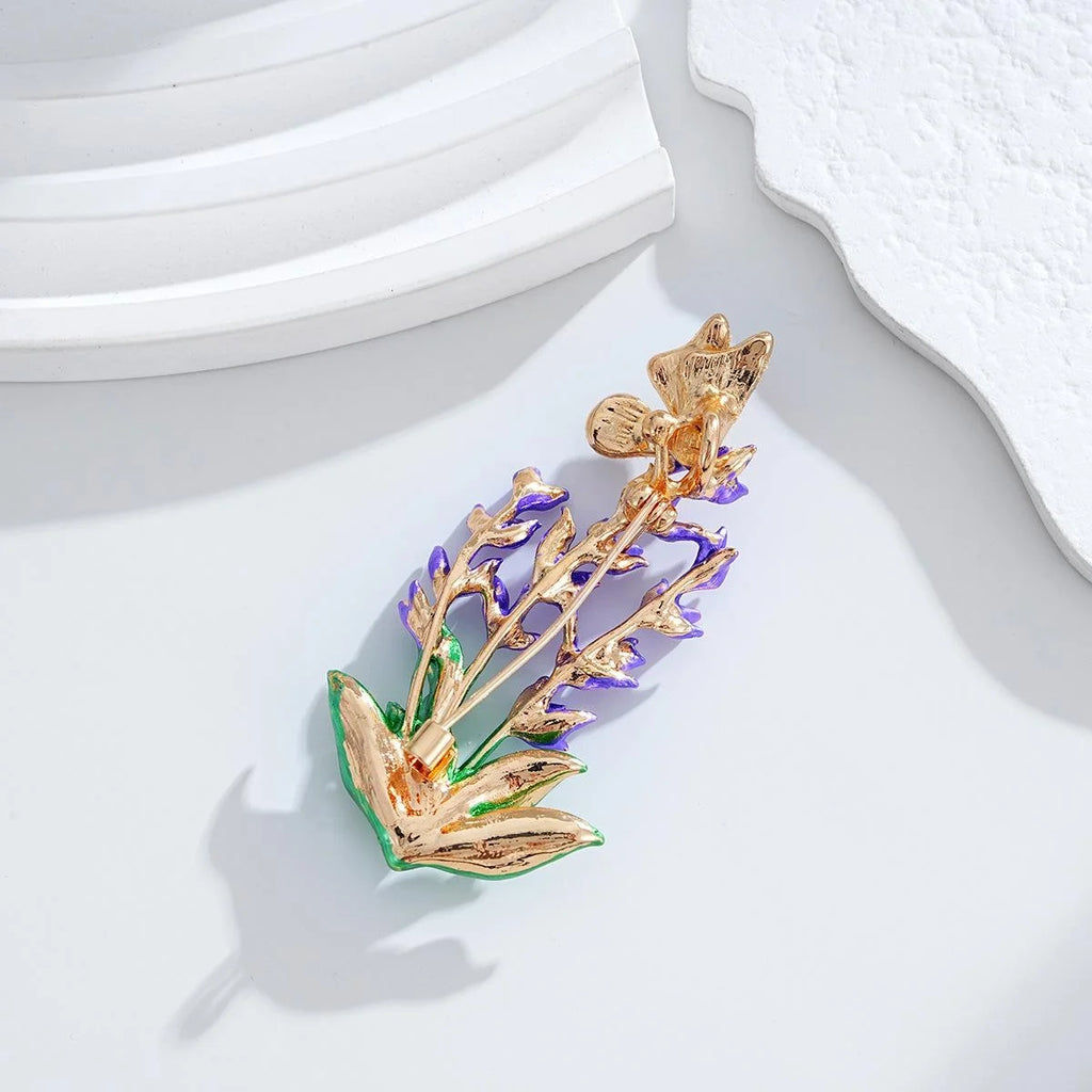 Elegant Enamel Alloy Lavender Bellflower Butterfly Brooch, Rhinestone Lapel Pin Corsage Suit Accessory Gift