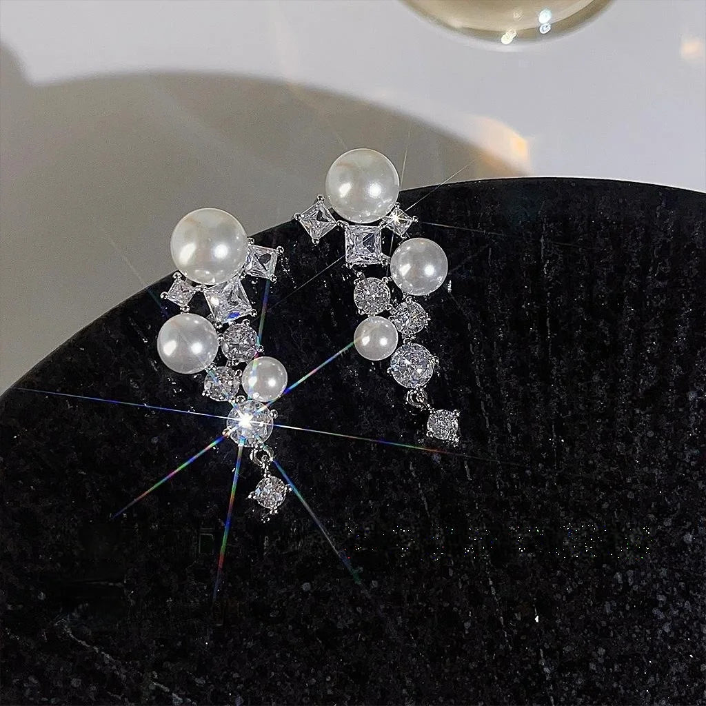 Luxury Copper Star Constellation Pearl Tassel Zircon Stud Earrings