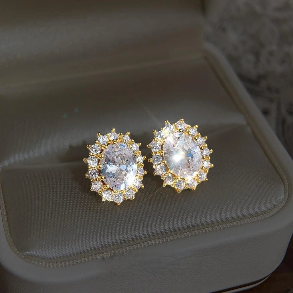 14K Gold Plated Copper Micro Pave Zircon Oval Clip On Drop Earrings For Non Pierced Ears