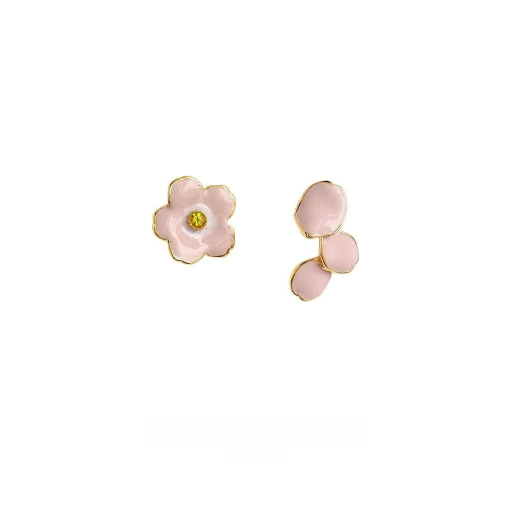 Sweet Asymmetric Pink Cherry Blossom Copper Stud Earrings 14K Plated Oil Drip Floral Jewelry