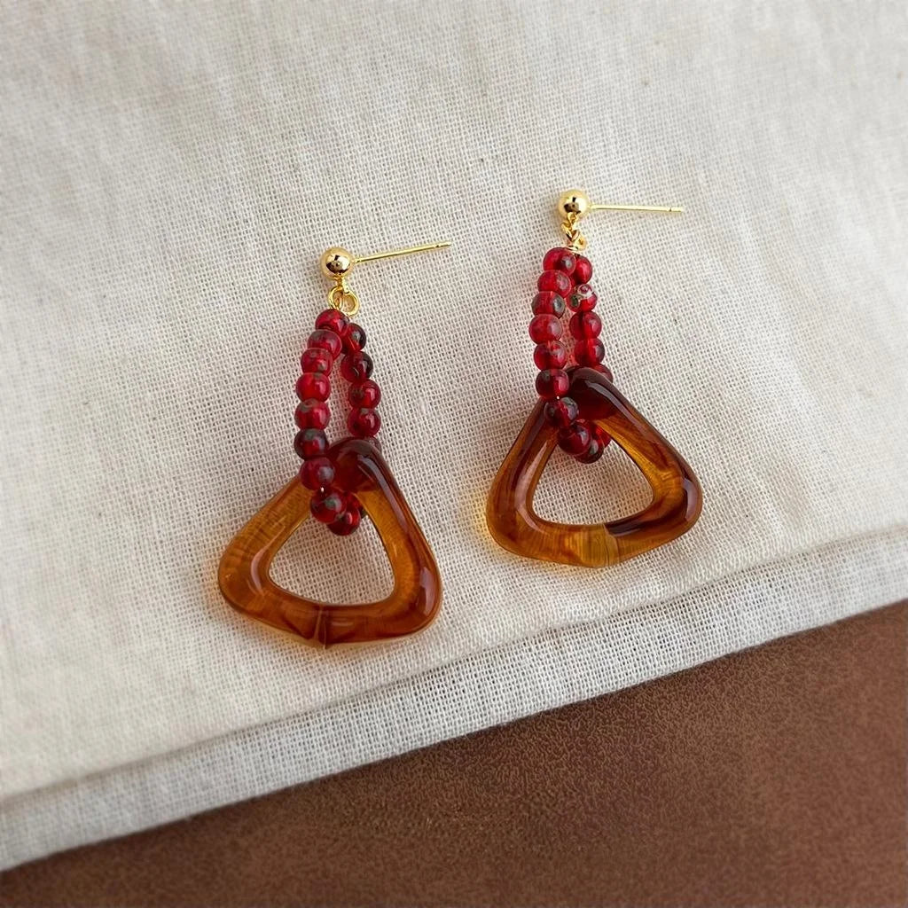 Maillard Style Vintage Handmade Geometric Resin Glass Drop Earrings With Copper