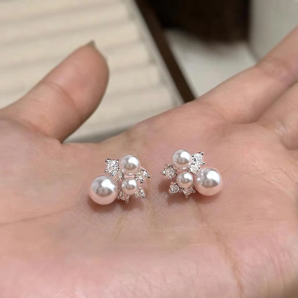 Light Luxury Geometric Round Rose Pearl Micro Pave Zircon Copper Stud Earrings