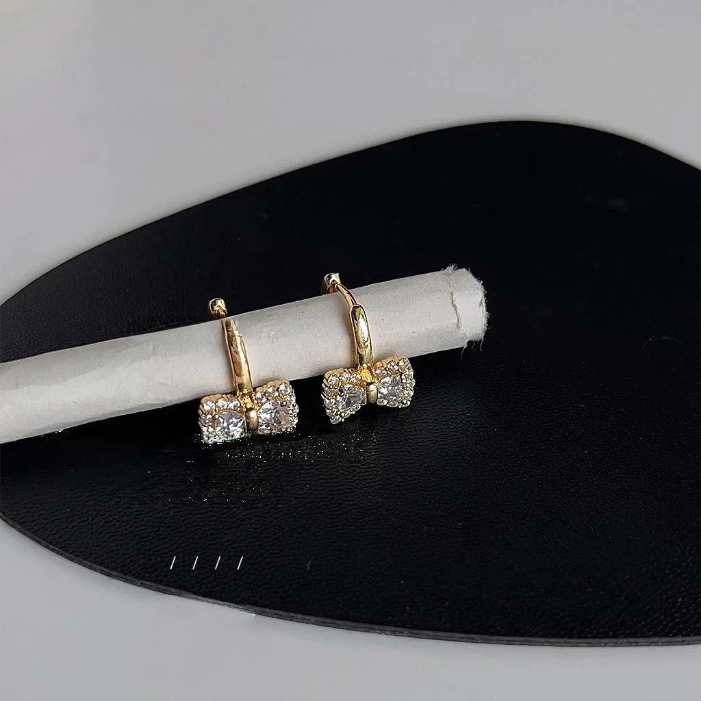 14K Gold Plated Copper Zircon Bow Drop Earrings Sweet Minimalist Jewelry For Women