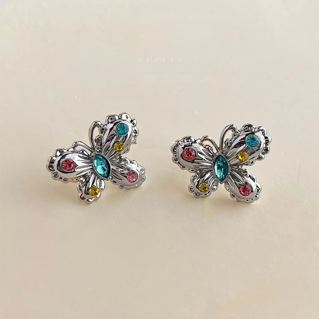Sweet Cool Copper Butterfly Drop Earrings With Colorful Rhinestones, Niche Light Luxury Jewelry