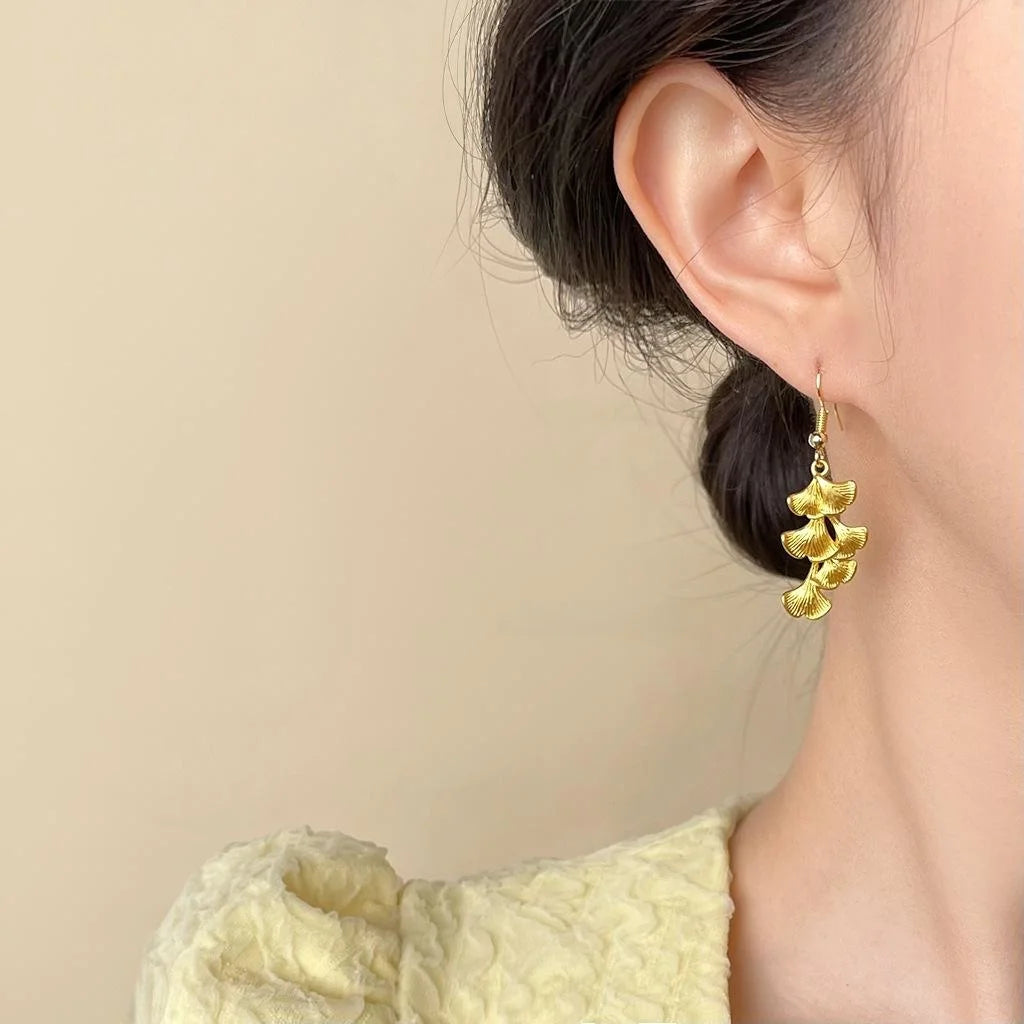 Vintage Artistic Copper Ginkgo Leaf Drop Earrings Matte New Chinese Designer Style