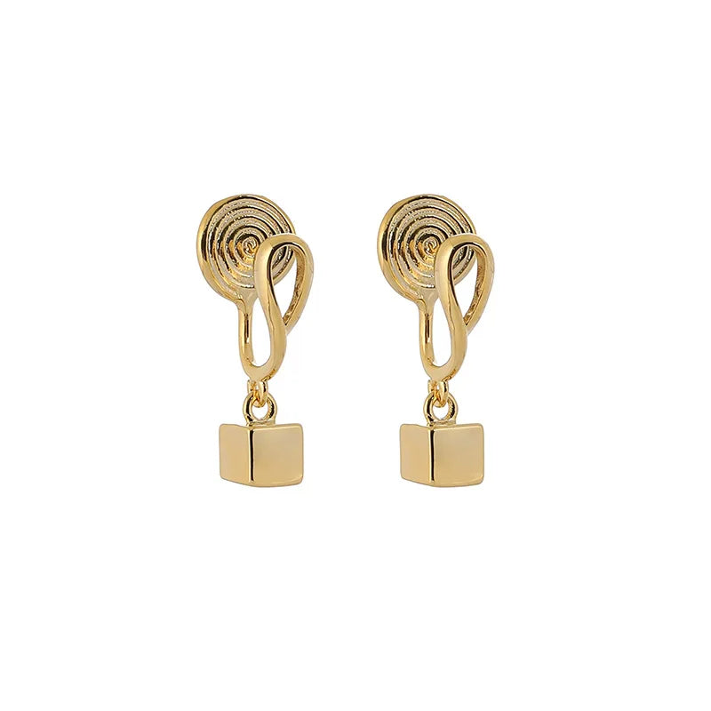 Elegant Gold Tone Alloy Spiral Disc With Square Cube Drop Stud & Clip On No Piercing Earrings