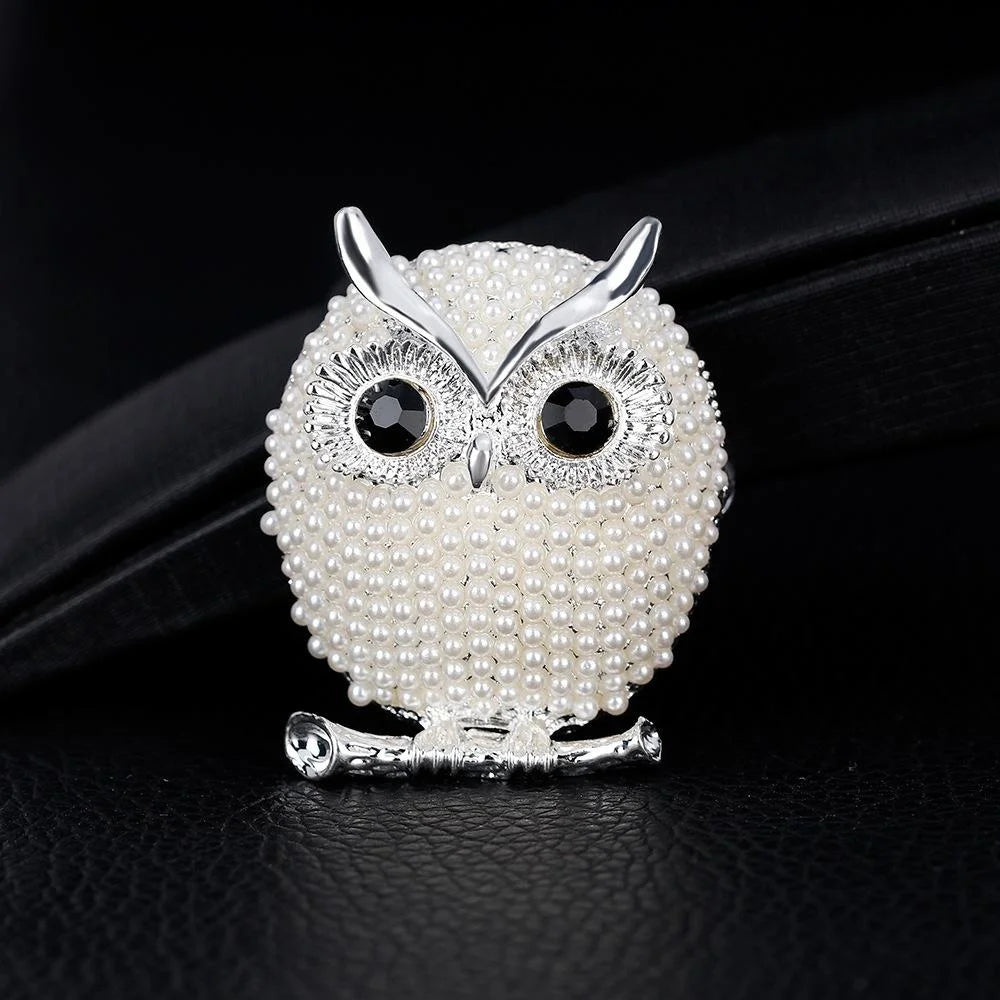 Elegant Gold Owl Brooch With Faux Pearl Beads And Black Rhinestone Eyes, Luxury Lapel Pin Corsage Gift