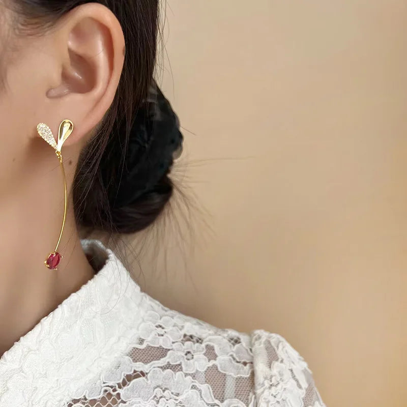 Elegant Long Curved Tassel Heart Spiral Alloy Rhinestone Ruby Crystal Stud & Clip On No Piercing Earrings