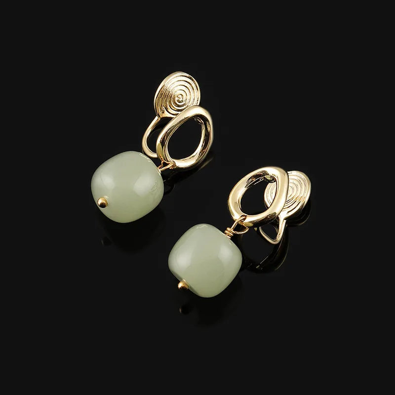 Vintage Chinese Style Green Agate Bead Spiral Alloy Stud & Clip On No Piercing Dangle Earrings