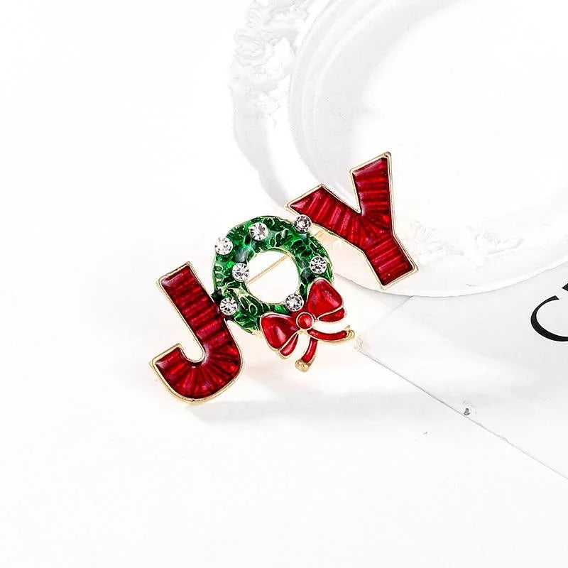 Elegant Christmas JOY Letter Enamel Rhinestone Alloy Bow Wreath Brooch Lapel Pin For Suit Accessory Gift