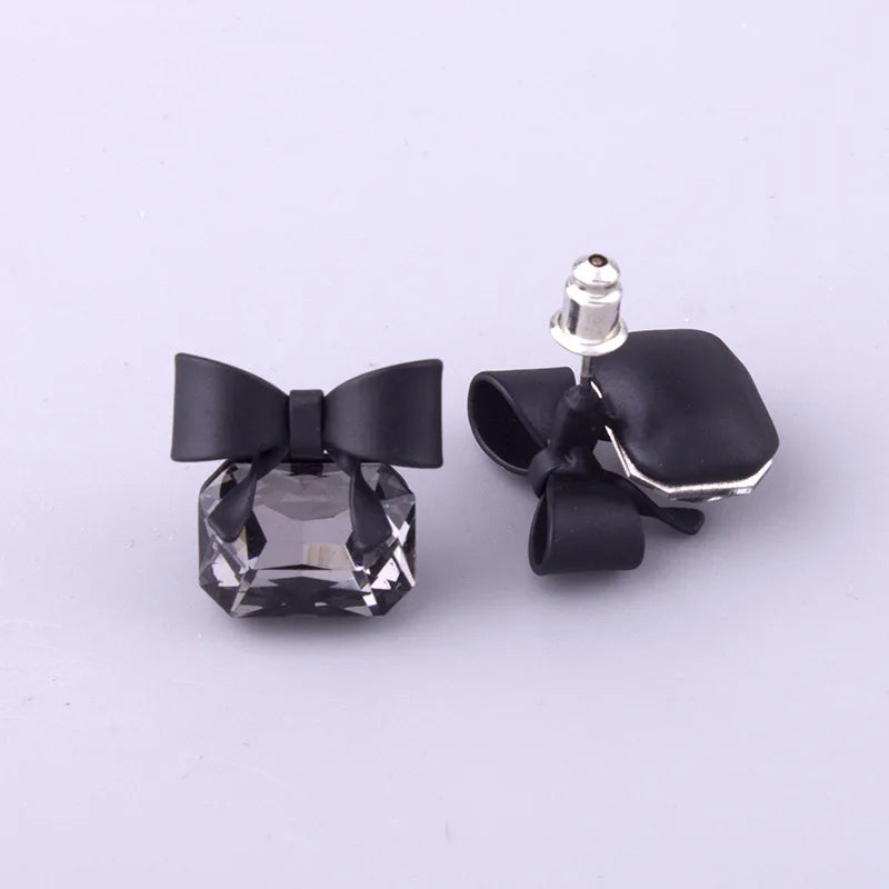 Black Bow Square Crystal Alloy Stud & Clip On No Piercing Elegant Minimalist Fashion Earrings