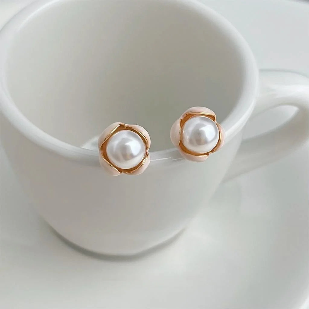Pastoral Style Enamel Flower Petal Pearl Stud Earrings Copper Base