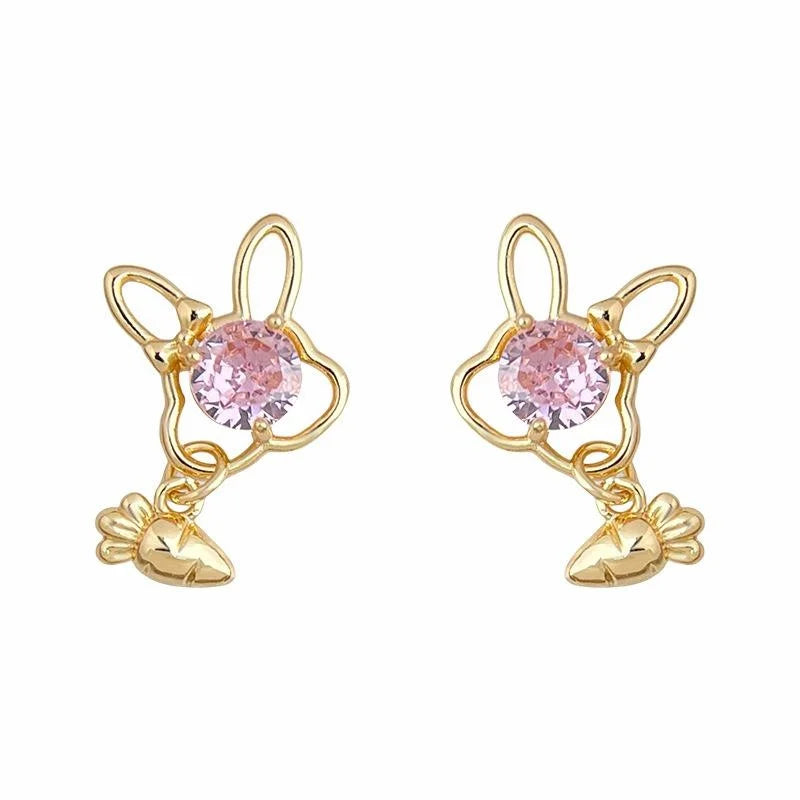 Sweet Pink Bunny Carrot Micro Pave Zircon Copper Drop Earrings For Women