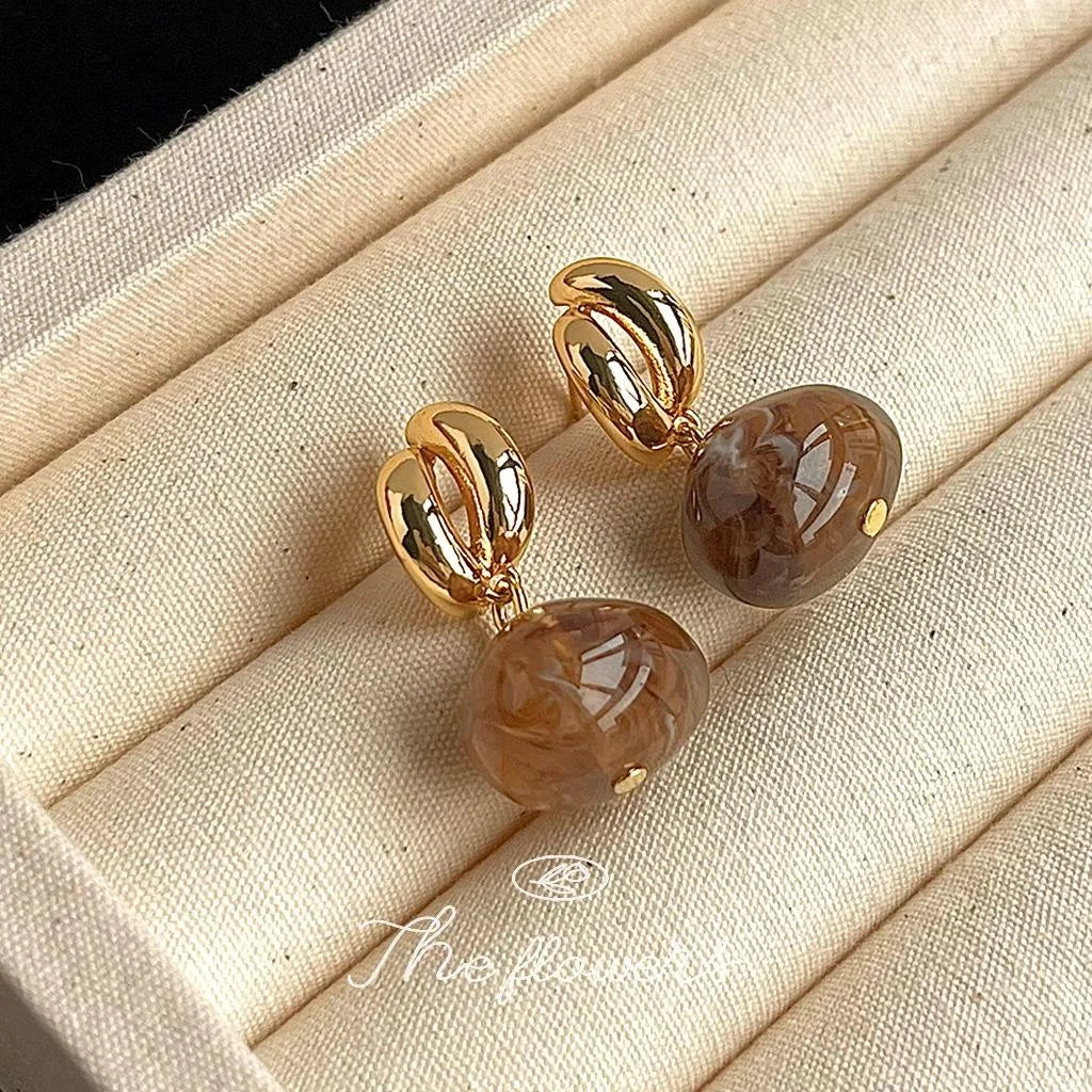 14K Gold Plated Copper Irregular Geometric Amber Drop Earrings Vintage Handmade Style