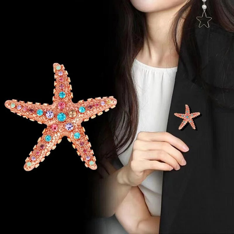 Elegant Blue Enamel Starfish Rhinestone Brooch, Luxury Ocean Lapel Pin Corsage Suit Accessory Gift