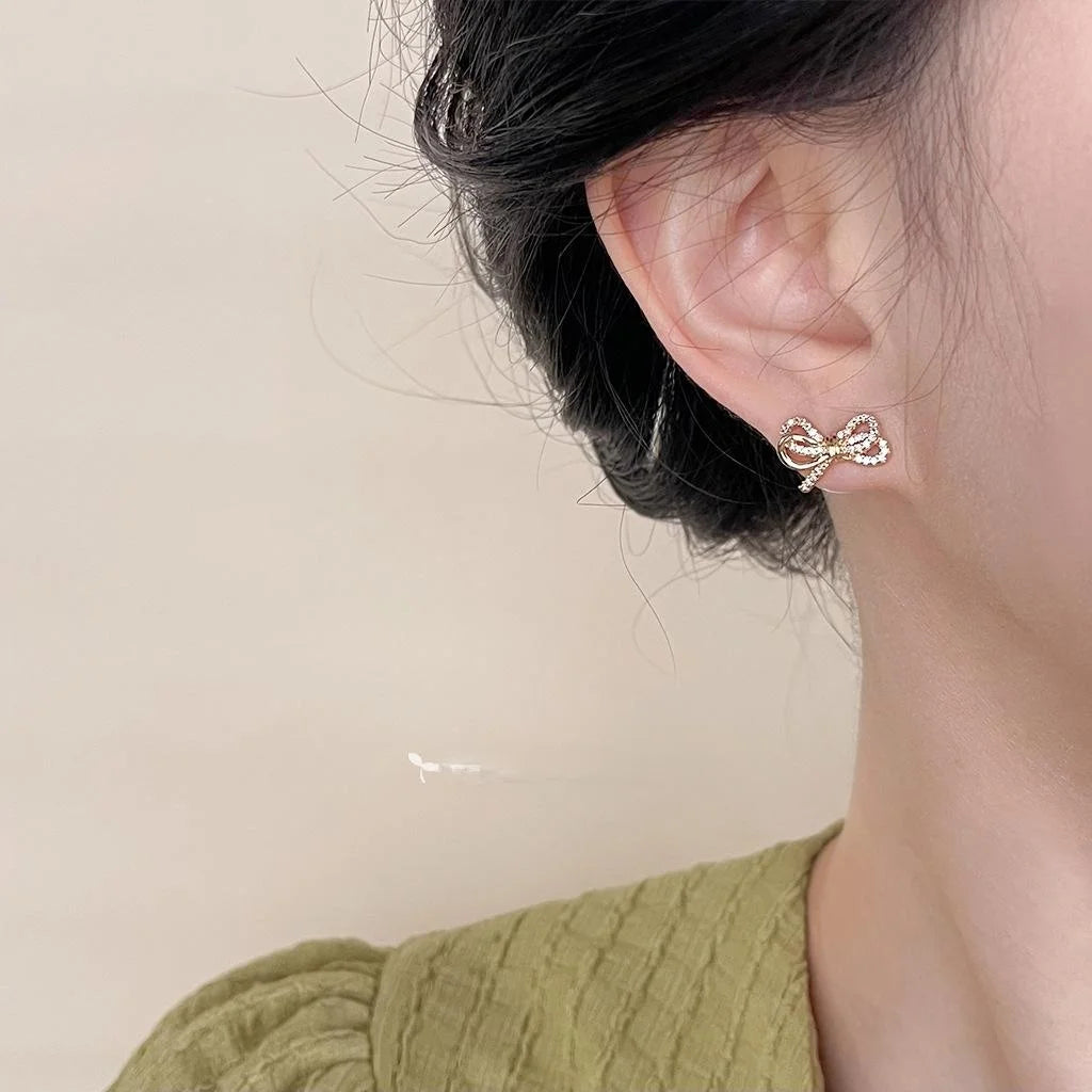 Sweet Mini Bow Zircon Copper Stud Earrings Double Layer Knot Fashion Tiny Jewelry