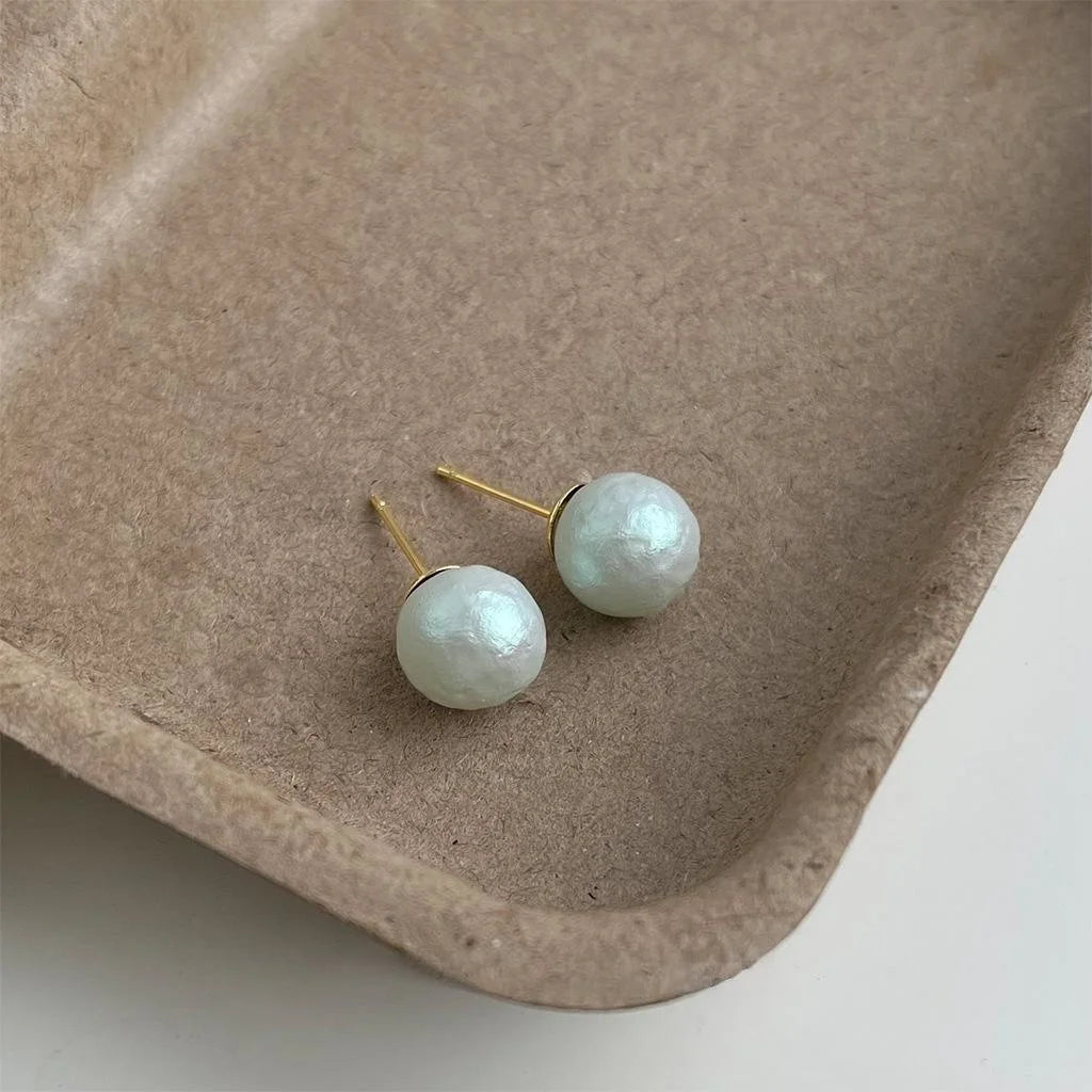 Lime Cream Snowflake Pearl Stud Earrings Round Geometric Minimalist Elegant Textured Jewelry
