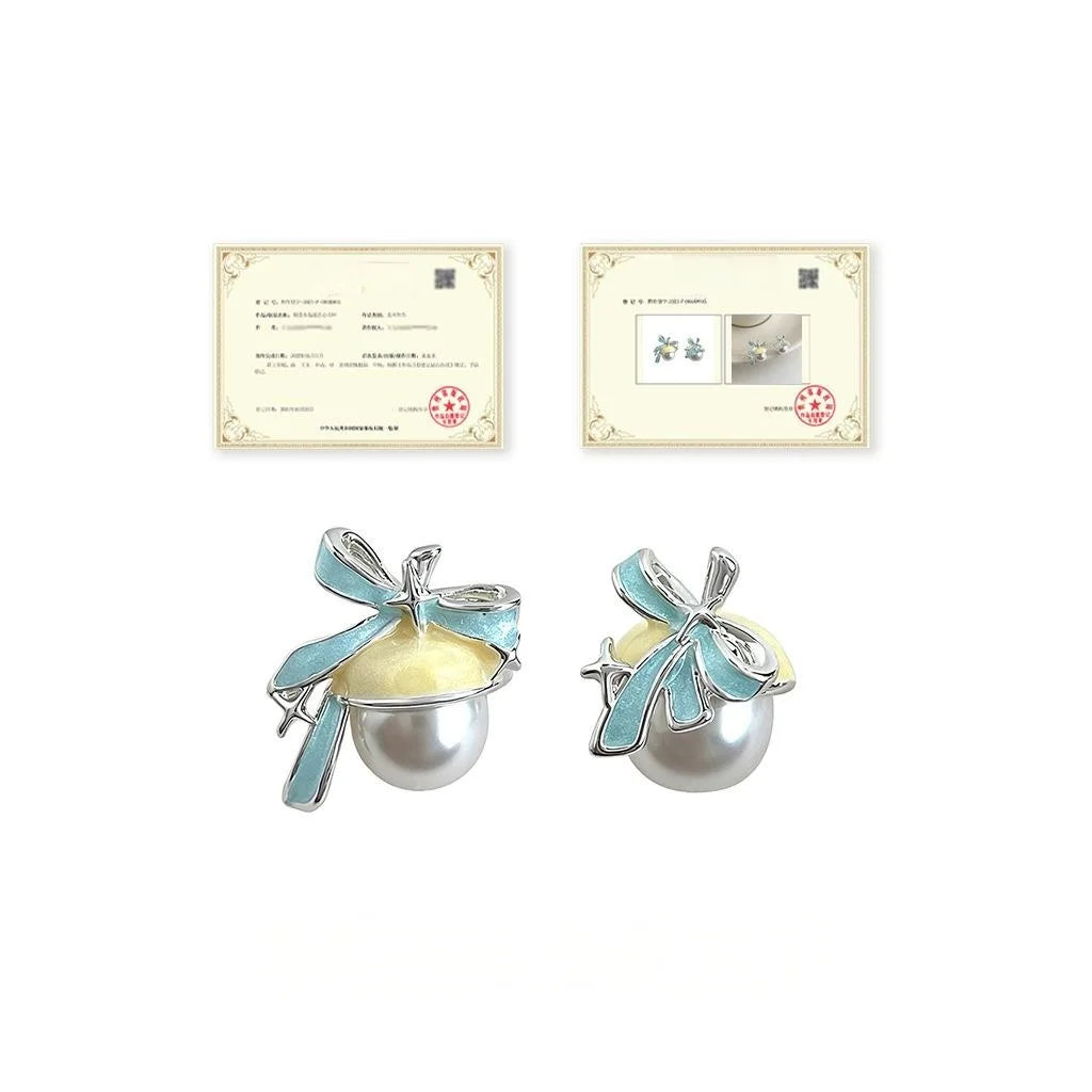 Original Sweet Asymmetric Bow Enamel Painted Pearl Copper Stud Earrings
