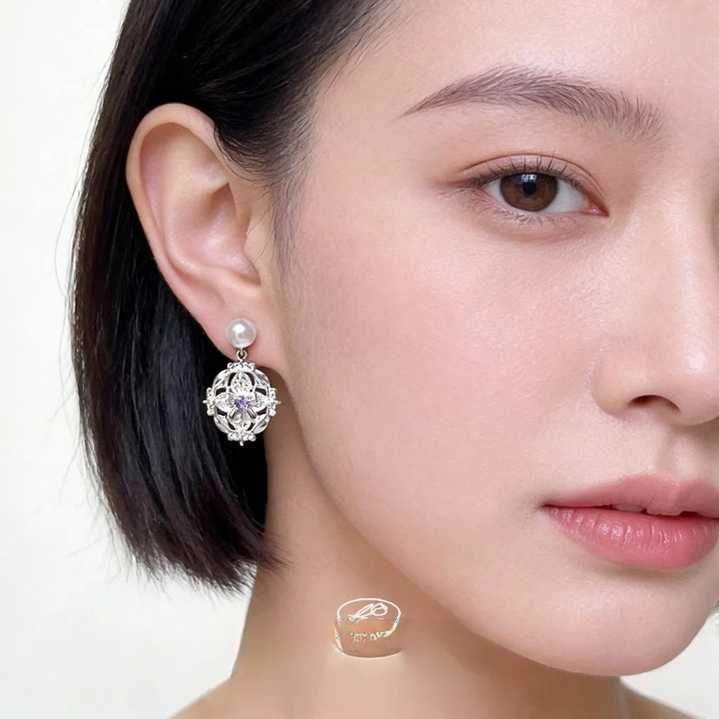 French Vintage Iris Floral Zircon Eco-Friendly Copper Geometric Drop Earrings for Women